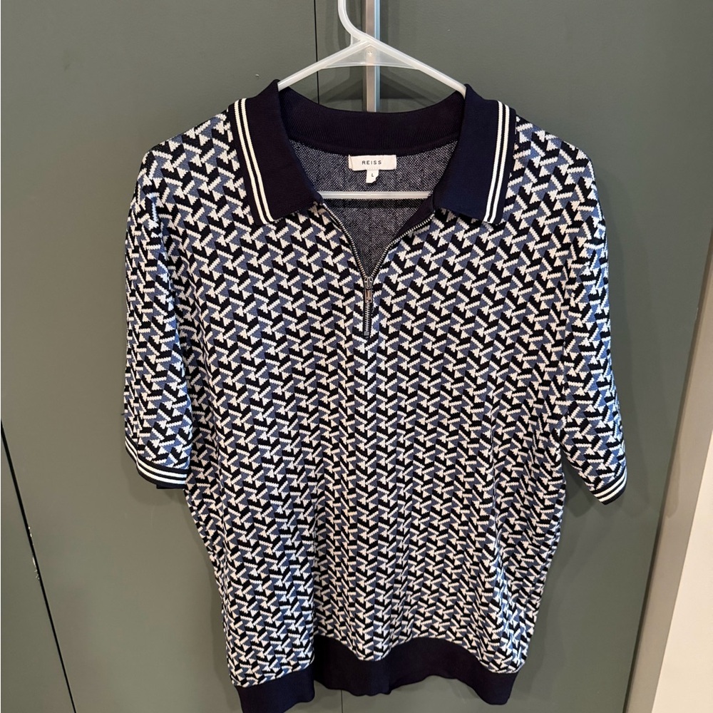 Reiss Navy and White Geometric Zip Polo